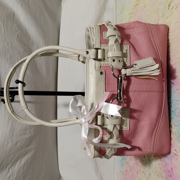 FIRM PRICE! Coach Pink & White Hampton Leather Small/Medium Y2K Satchel Bag - Picture 1 of 13